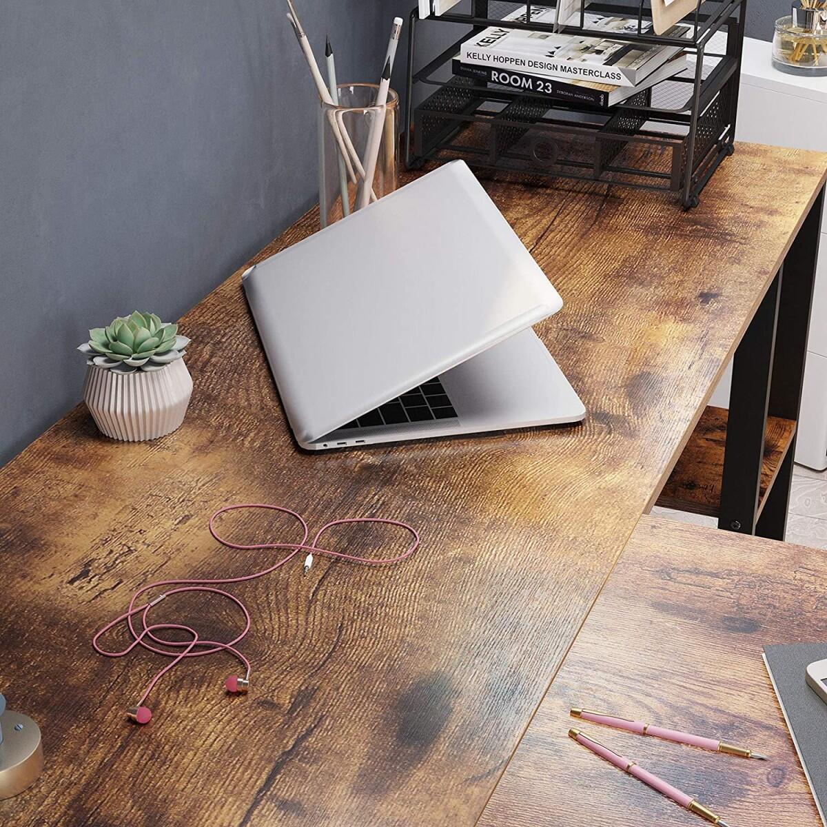 Birou calculator pe colt, pal, otel, cu sertar, 3 rafturi, maro rustic si negru, max 50 kg, 137x150x75 cm