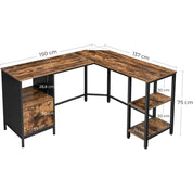 Birou calculator pe colt, pal, otel, cu sertar, 3 rafturi, maro rustic si negru, max 50 kg, 137x150x75 cm