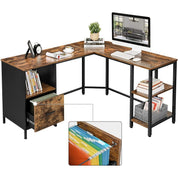 Birou calculator pe colt, pal, otel, cu sertar, 3 rafturi, maro rustic si negru, max 50 kg, 137x150x75 cm