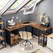 Birou calculator pe colt, pal, otel, cu sertar, 3 rafturi, maro rustic si negru, max 50 kg, 137x150x75 cm