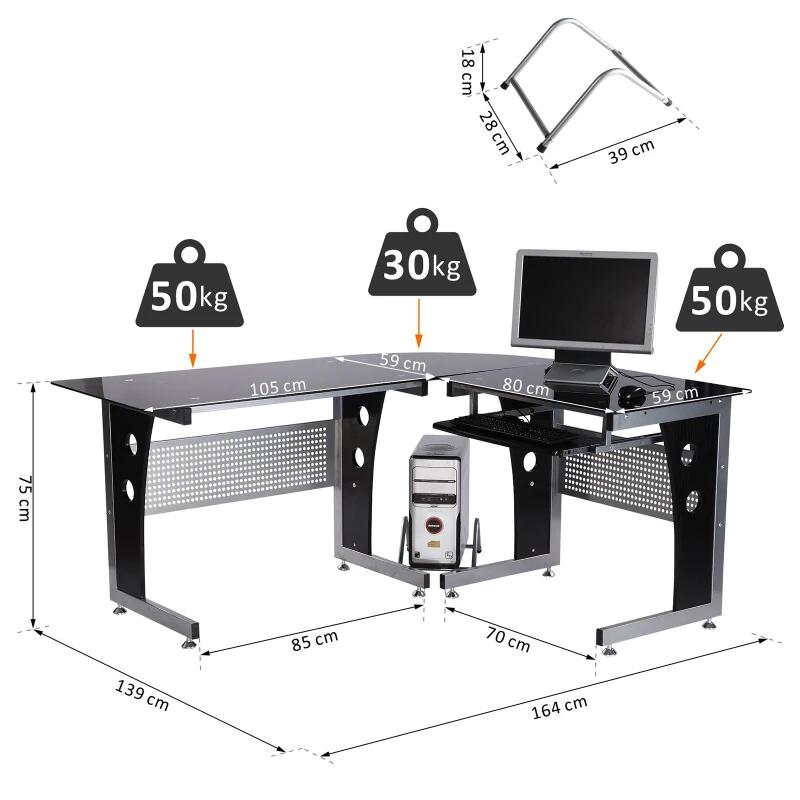 Birou calculator pe colt, metal si sticla, cu raft tastatura, negru, max 50 kg, 139x164x75 cm