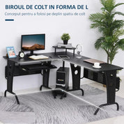 Birou calculator pe colt, otel, MDF, cu raft tastatura, negru, max 50 kg, 170x140x86.5 cm