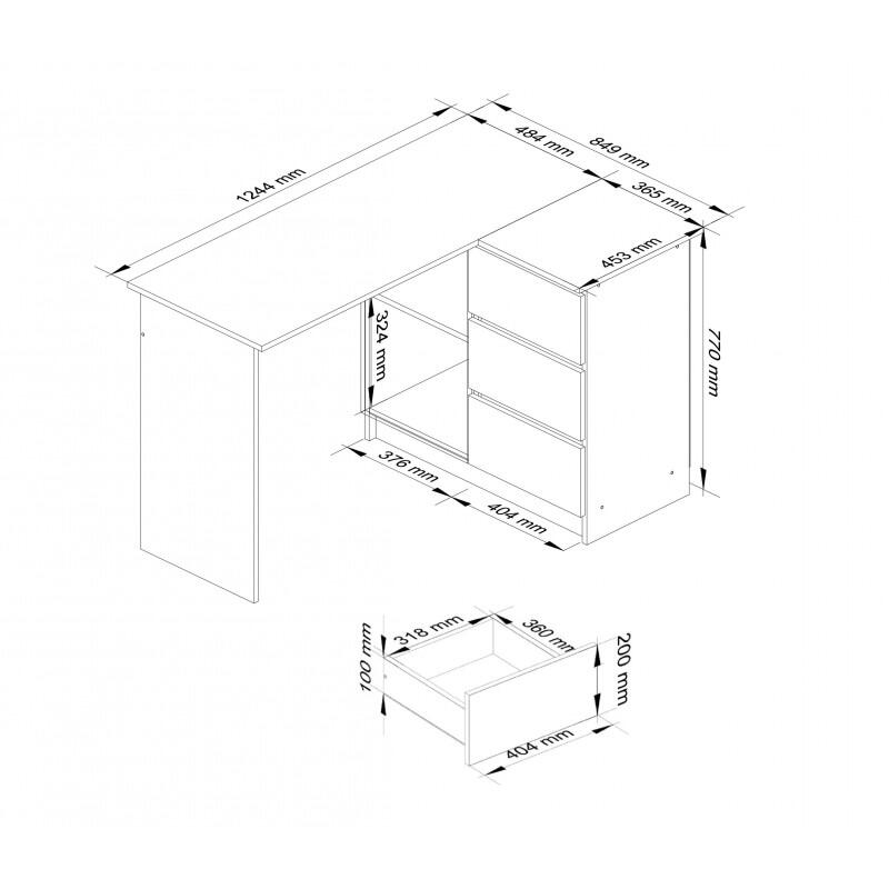 Birou calculator pe colt, placa laminata, 3 sertare, 2 rafturi, pe dreapta, alb si rosu lucios, 124x85x77 cm