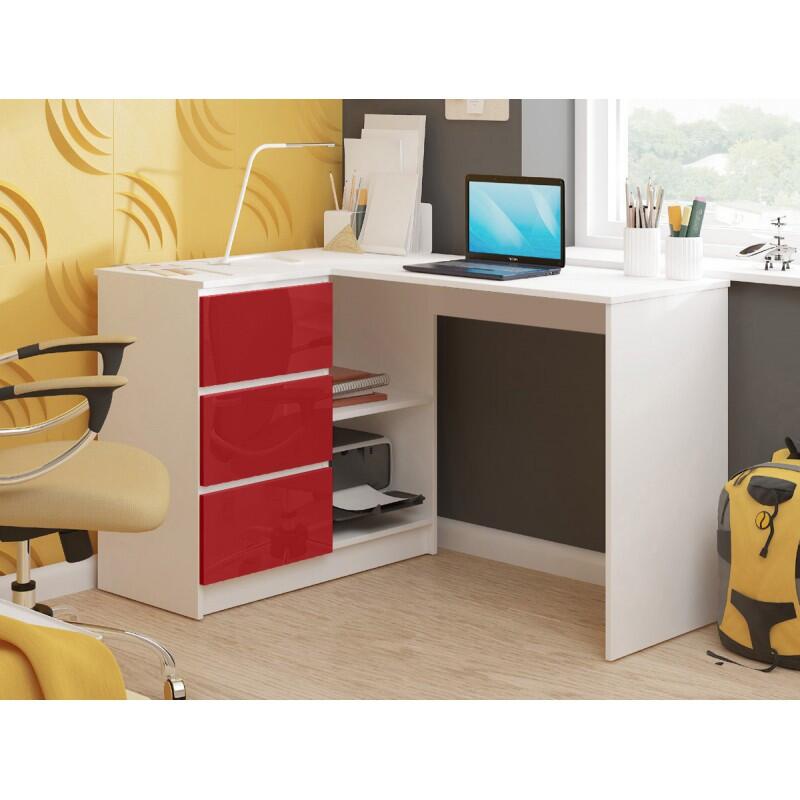 Birou calculator pe colt, placa laminata, 3 sertare, 2 rafturi, pe stanga, alb si rosu lucios, 124x85x77 cm