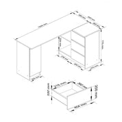 Birou calculator pe colt, placa laminata, 3 sertare, 4 rafturi, alb si negru lucios, 155x85x77 cm