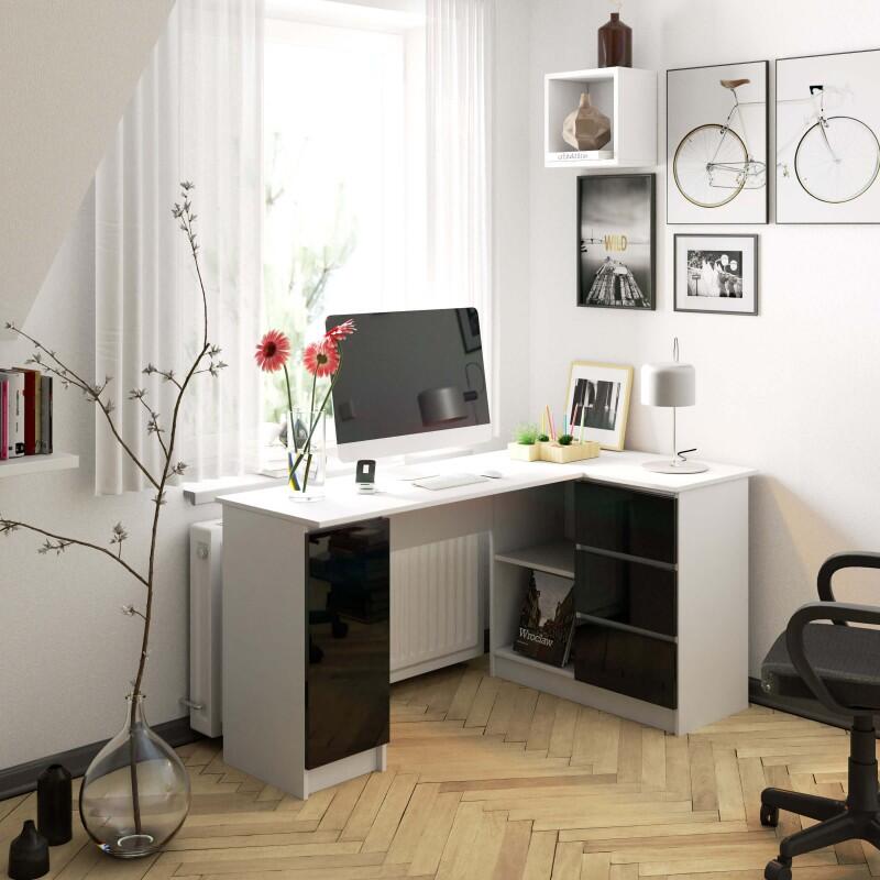 Birou calculator pe colt, placa laminata, 3 sertare, 4 rafturi, alb si negru lucios, 155x85x77 cm