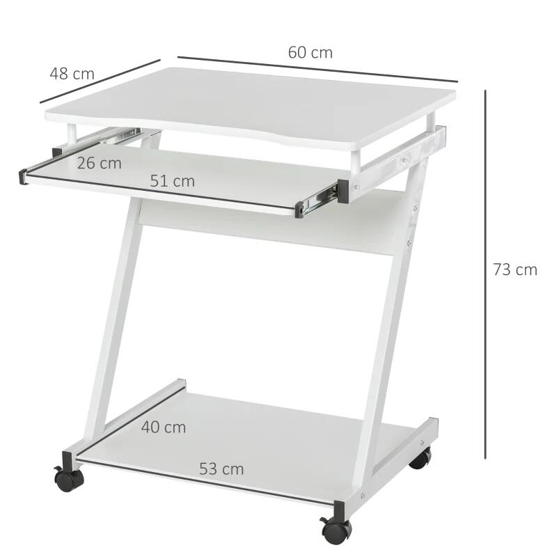 Birou calculator, pe roti, metal, pal, cu raft tastatura, alb, max 30 kg, 60x48x73 cm