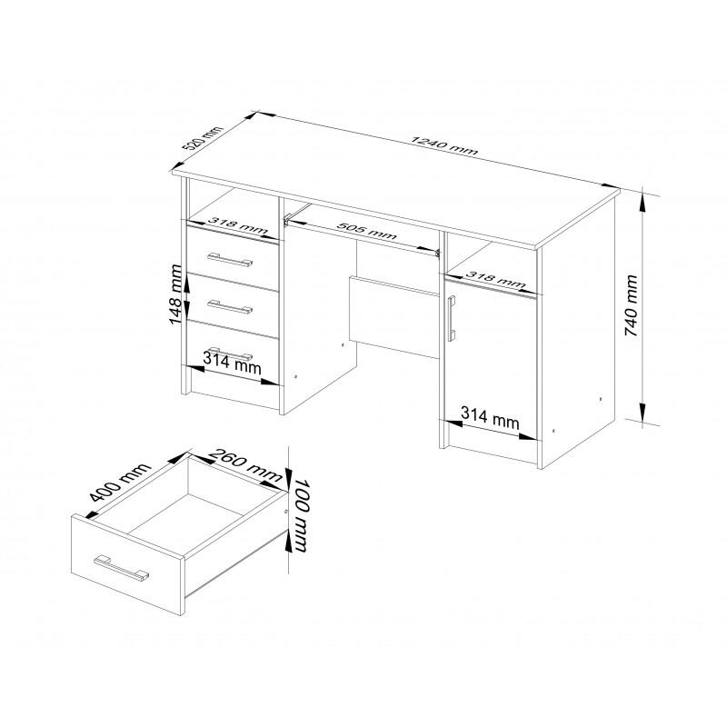 Birou calculator, placa laminata, 3 sertare, 5 rafturi, alb si negru lucios, 124x52x74 cm