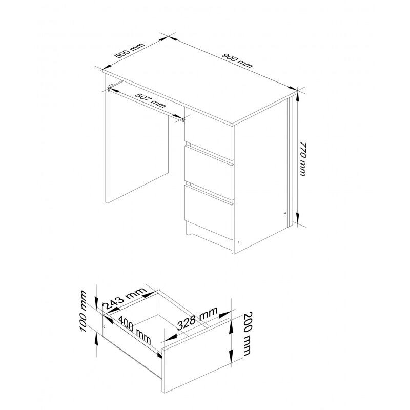 Birou calculator, placa laminata, 3 sertare, dreapta, raft tastatura, stejar artisan si alb, 90x50x77 cm