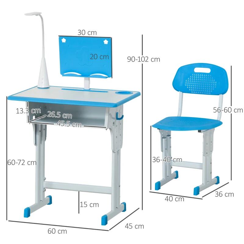 Birou cu scaun pentru copii 6-12 ani, inaltime reglabila, PP, MDF, otel, lampa USB, albastru