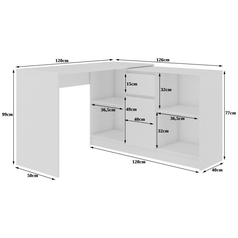 Birou calculator pe colt, placa laminata, 1 sertar, 6 rafturi, alb si stejar, 120x126x79/77 cm