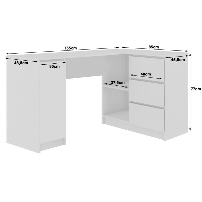 Birou calculator pe colt, placa laminata, 3 sertare, 4 rafturi, stejar si alb, 155x85x77 cm