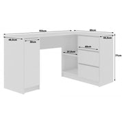 Birou calculator pe colt, placa laminata, 3 sertare, 4 rafturi, alb si stejar, 155x85x77 cm