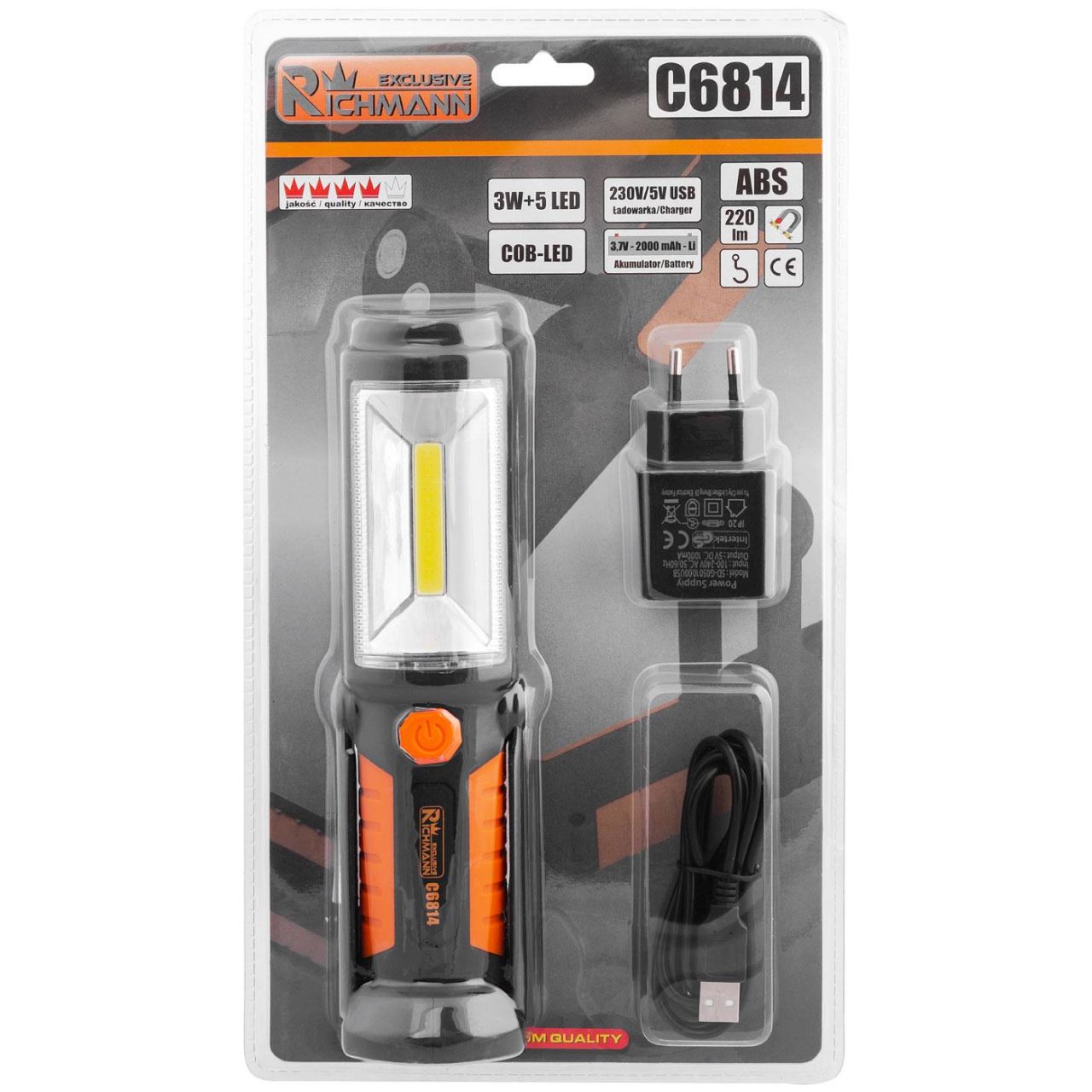 Munkahelyi zseblámpa, LED COB, 3 W, 220 lm, USB, Richmann Exclusive