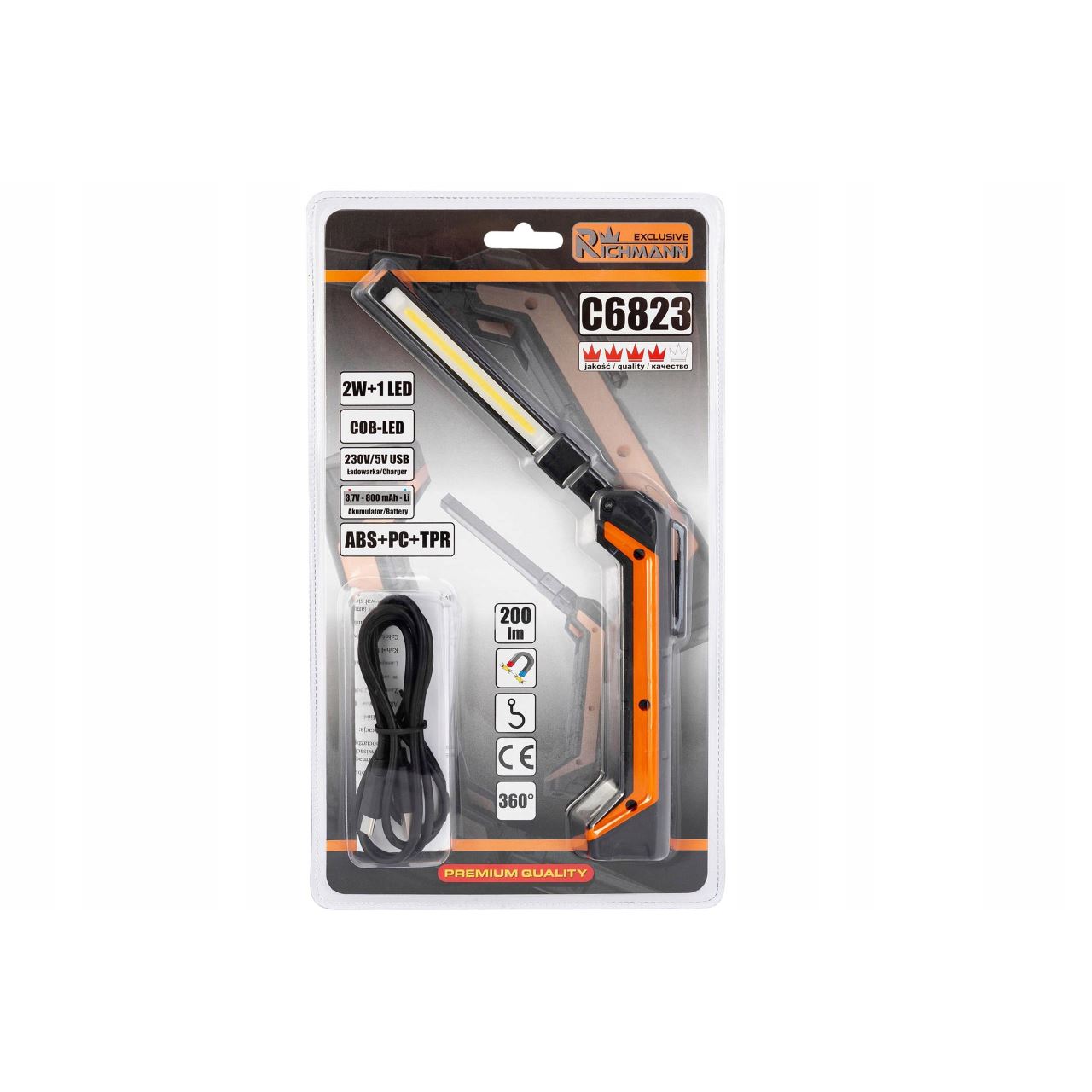 Munkalámpa/zseblámpa 2 W + 1 W LED, mágnessel, 230V/5V USB, 800 mAh akkumulátor, RICHMANN EXCLUSIVE