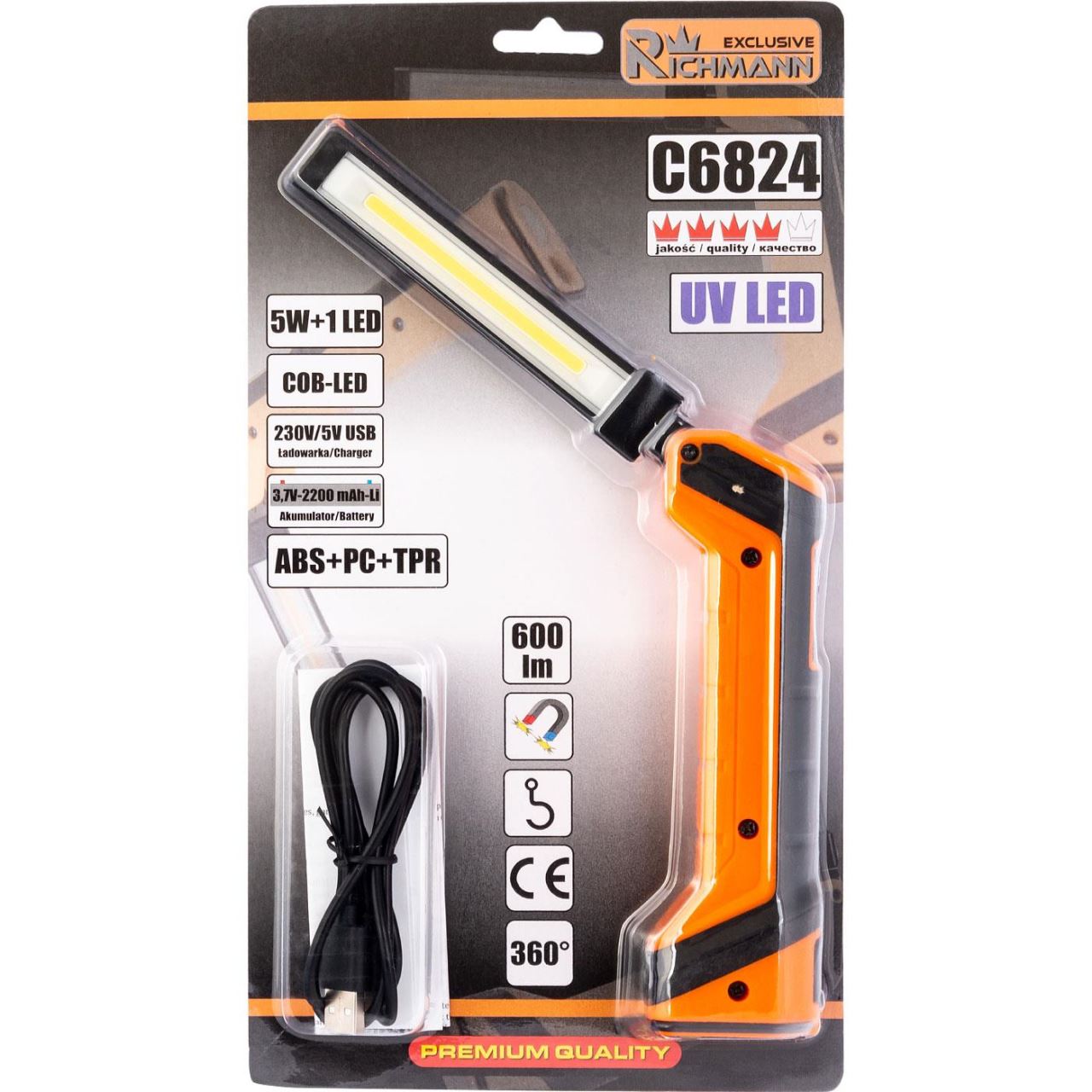 Munkalámpa, 5 W + 1 W + UV, LED, mágnessel, 230V/5V, USB, 2200 mh, RICHMANN EXCLUSIVE