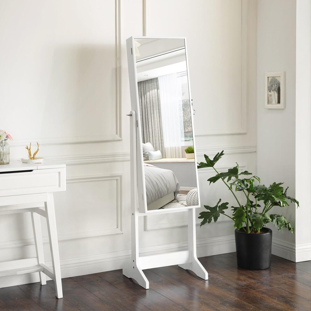 Cabinet bijuterii cu oglinda, MDF, raft interior, alb, 41.1x36.5x151.5 cm