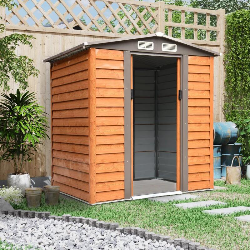 Casuta/magazie/sopron de gradina pentru depozitare unelte, otel si PP, maro, 197.5x160x201 cm