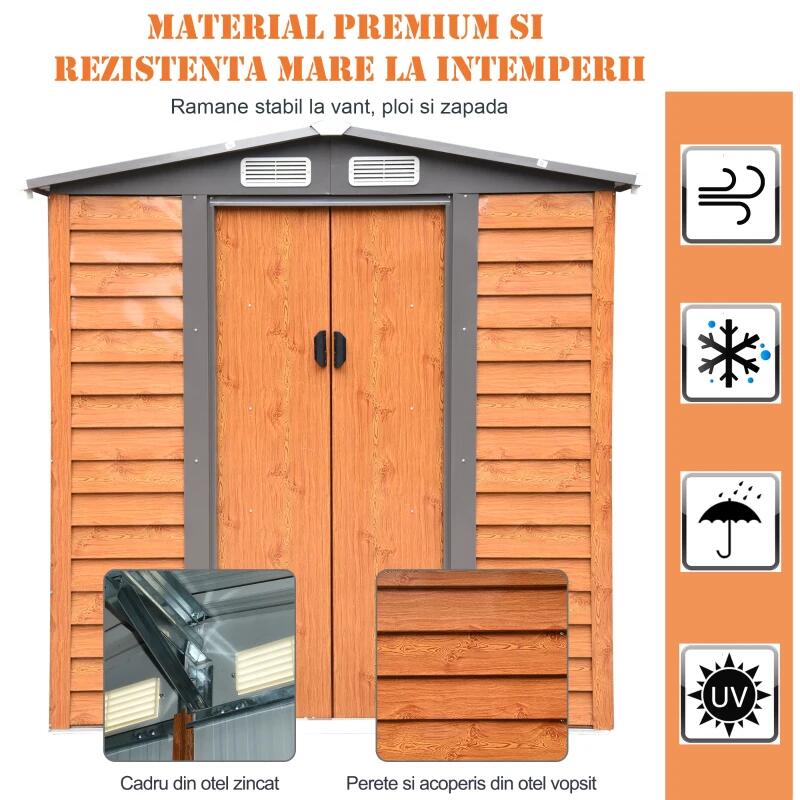 Casuta/magazie/sopron de gradina pentru depozitare unelte, otel si PP, maro, 197.5x160x201 cm