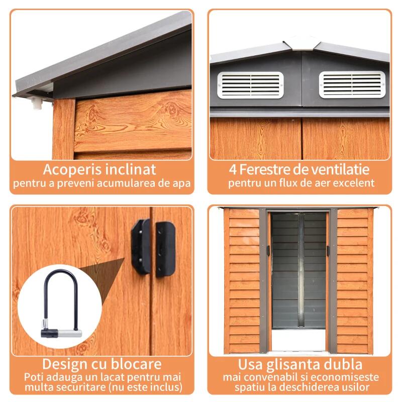 Casuta/magazie/sopron de gradina pentru depozitare unelte, otel si PP, maro, 197.5x160x201 cm