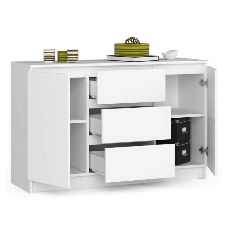 Comoda, placa laminata, 3 sertare, 4 rafturi, alb, 120x40x77 cm