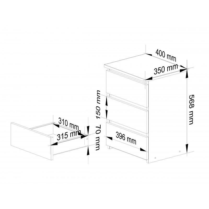 Comoda, placa laminata, 3 sertare, gri grafit, 40x35x56.8 cm