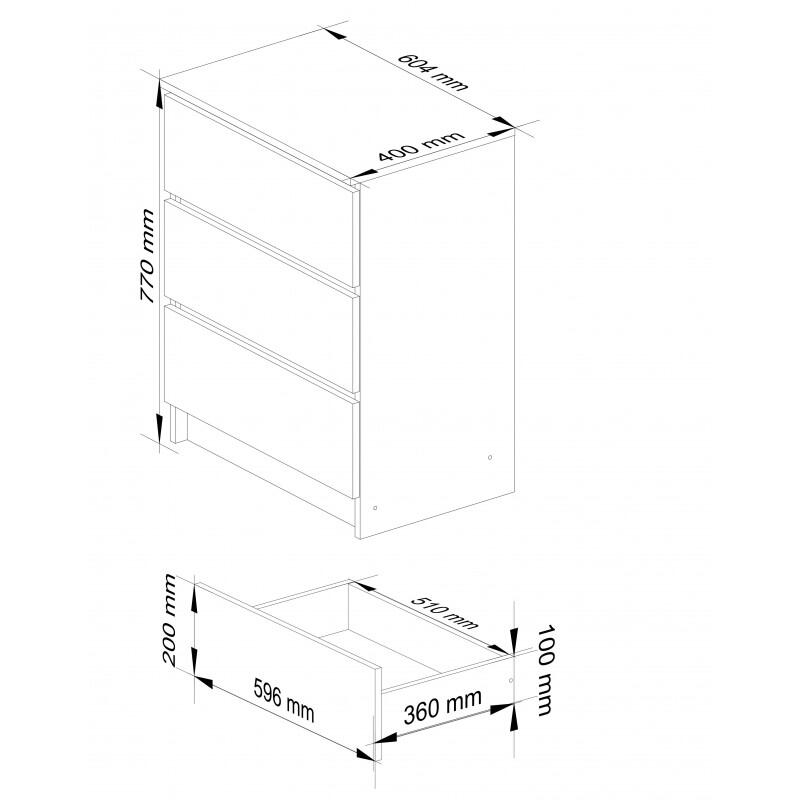 Comoda, placa laminata, 3 sertare, stejar Sonoma, 60x40x77 cm