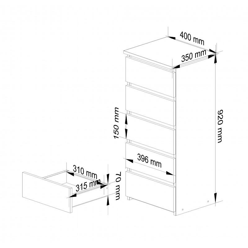 Comoda, placa laminata, 5 sertare, alb, 40x35x92 cm