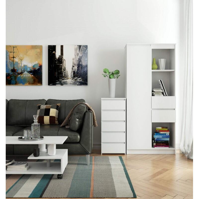 Comoda, placa laminata, 5 sertare, alb, 40x35x92 cm