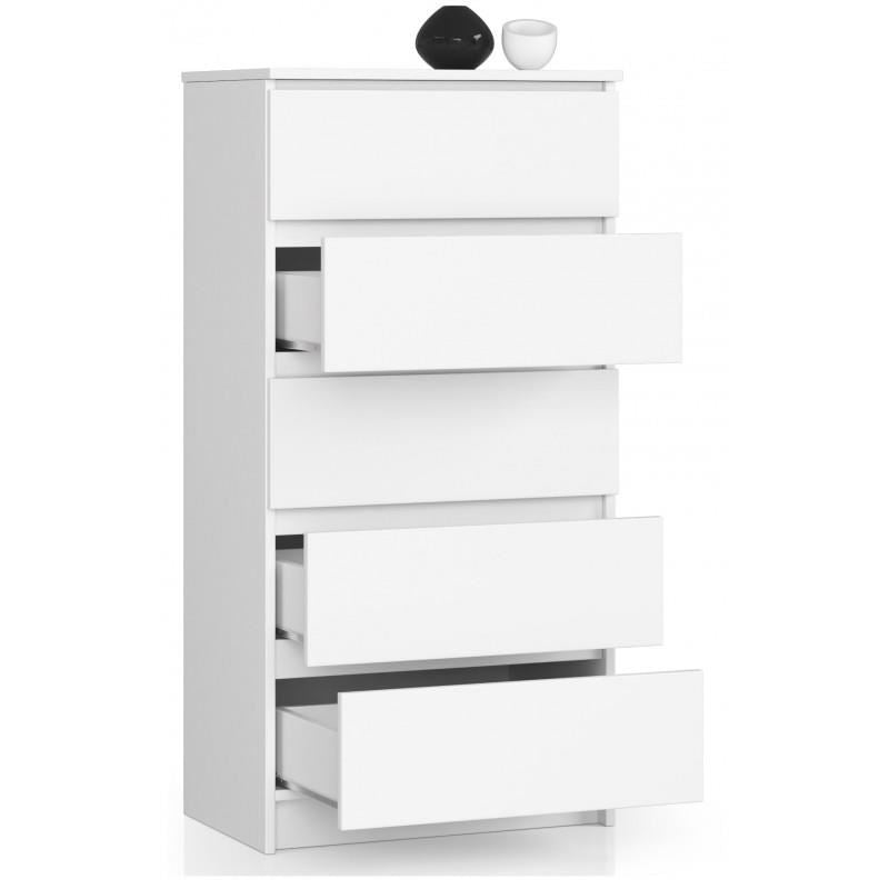 Comoda, placa laminata, 5 sertare, alb, 60x40x121 cm