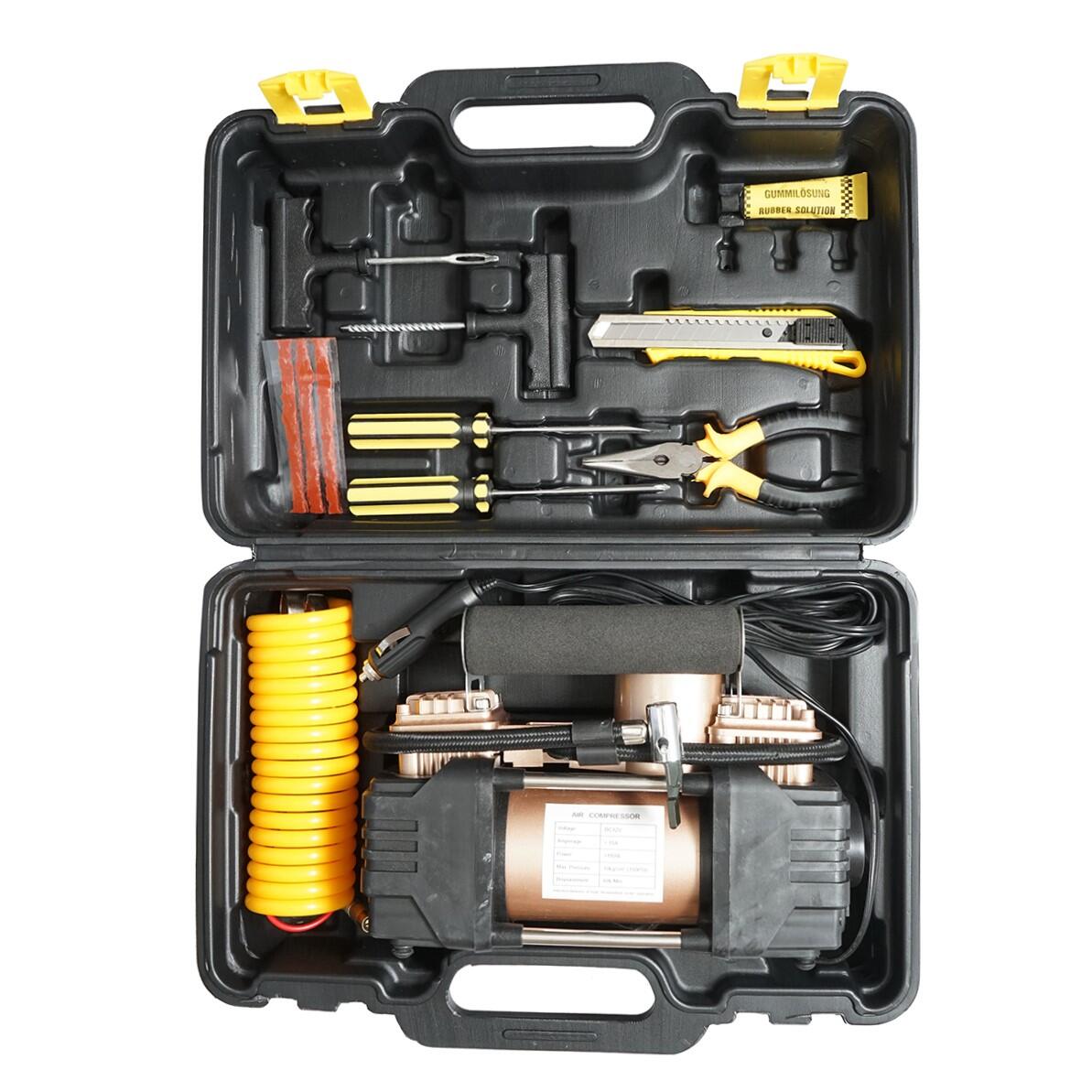 Autós légkompresszor, Breckner, Németország, hordozható, 12 V, 180 W, 150 PSI, táskával és gumiabroncs-javító készlettel