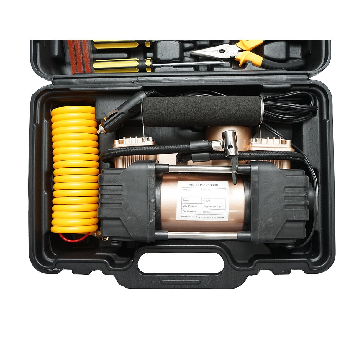 Autós légkompresszor, Breckner, Németország, hordozható, 12 V, 180 W, 150 PSI, táskával és gumiabroncs-javító készlettel