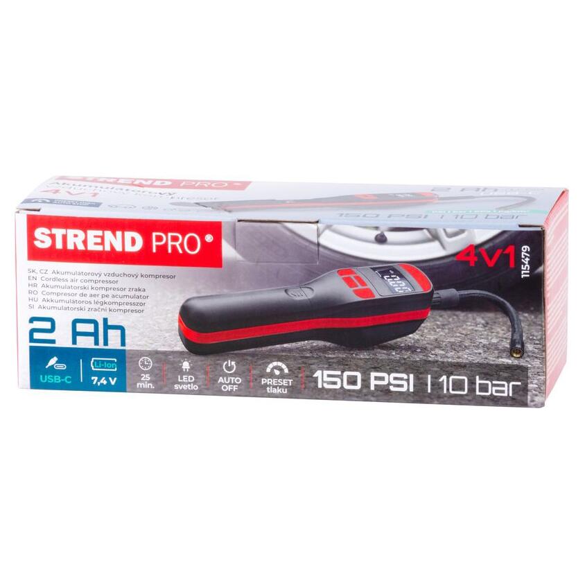 Autós légkompresszor, Strend Pro, 150 PSI, 10 bar, USB-C, LED lámpával, tokkal