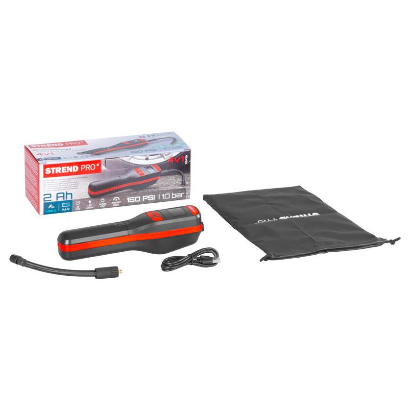 Autós légkompresszor, Strend Pro, 150 PSI, 10 bar, USB-C, LED lámpával, tokkal