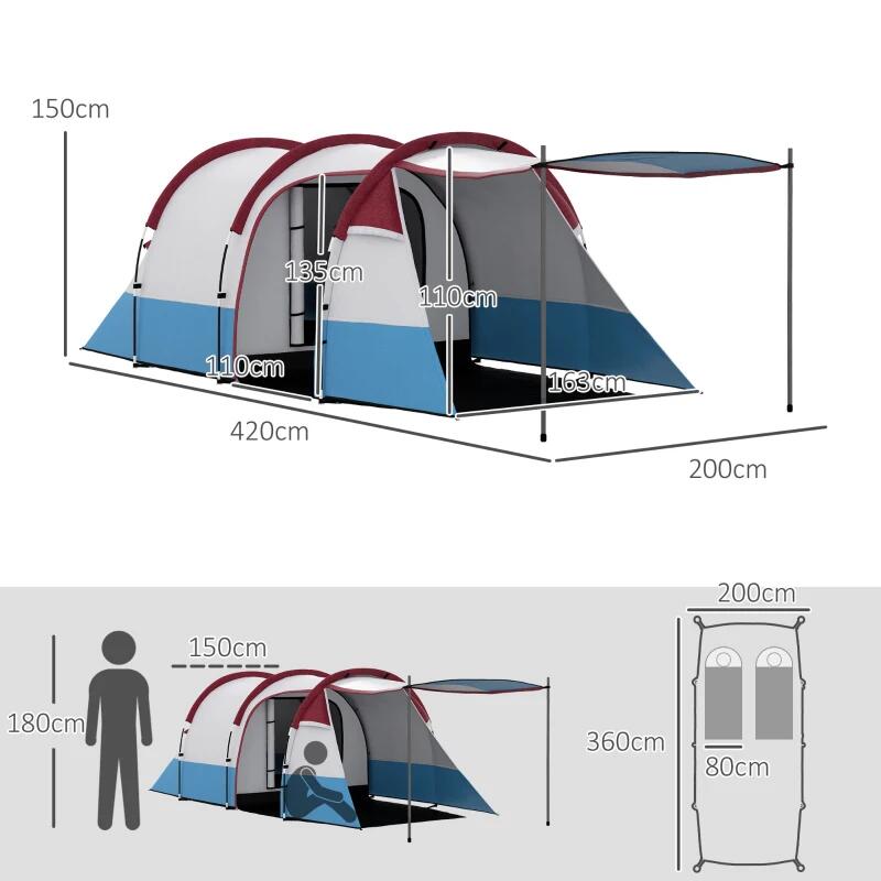 Cort camping, 2-3 persoane, impermeabil, tip tunel, cu vestibul, husa, albastru si alb, 420x200x150 cm