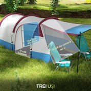 Cort camping, 2-3 persoane, impermeabil, tip tunel, cu vestibul, husa, albastru si alb, 420x200x150 cm