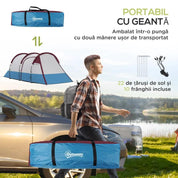 Cort camping, 2-3 persoane, impermeabil, tip tunel, cu vestibul, husa, albastru si alb, 420x200x150 cm