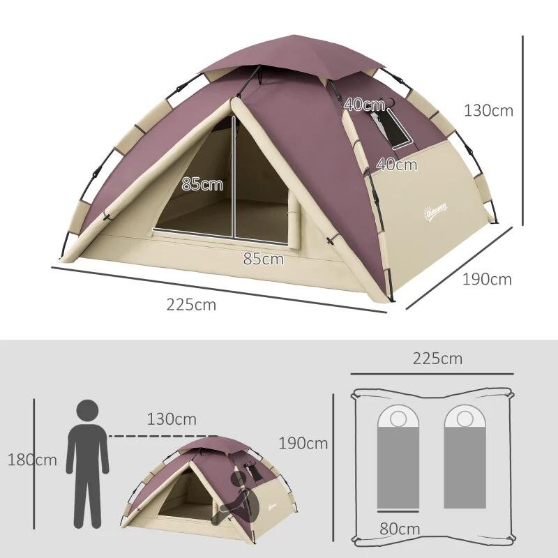 Cort camping, 2 persoane, impermeabil, cu ferestre, geanta, kaki si visiniu, 206x185x120 cm