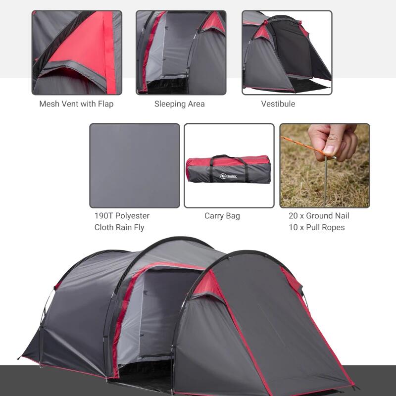 Cort camping, 2 persoane, impermeabil, cu vestibul, geanta, gri, 426x206x154 cm
