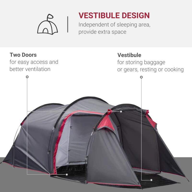Cort camping, 2 persoane, impermeabil, cu vestibul, geanta, gri, 426x206x154 cm
