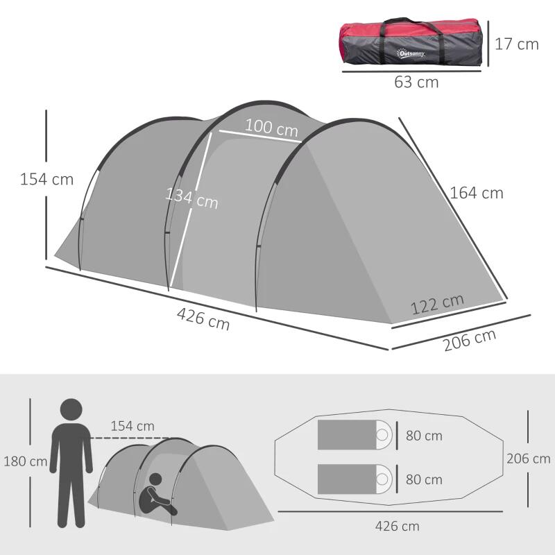 Cort camping, 2 persoane, impermeabil, cu vestibul, geanta, gri, 426x206x154 cm