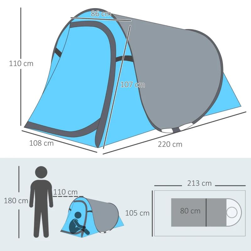 Cort camping, 2 persoane, impermeabil, tip igloo, cu husa, albastru deschis, 286x209x122 cm