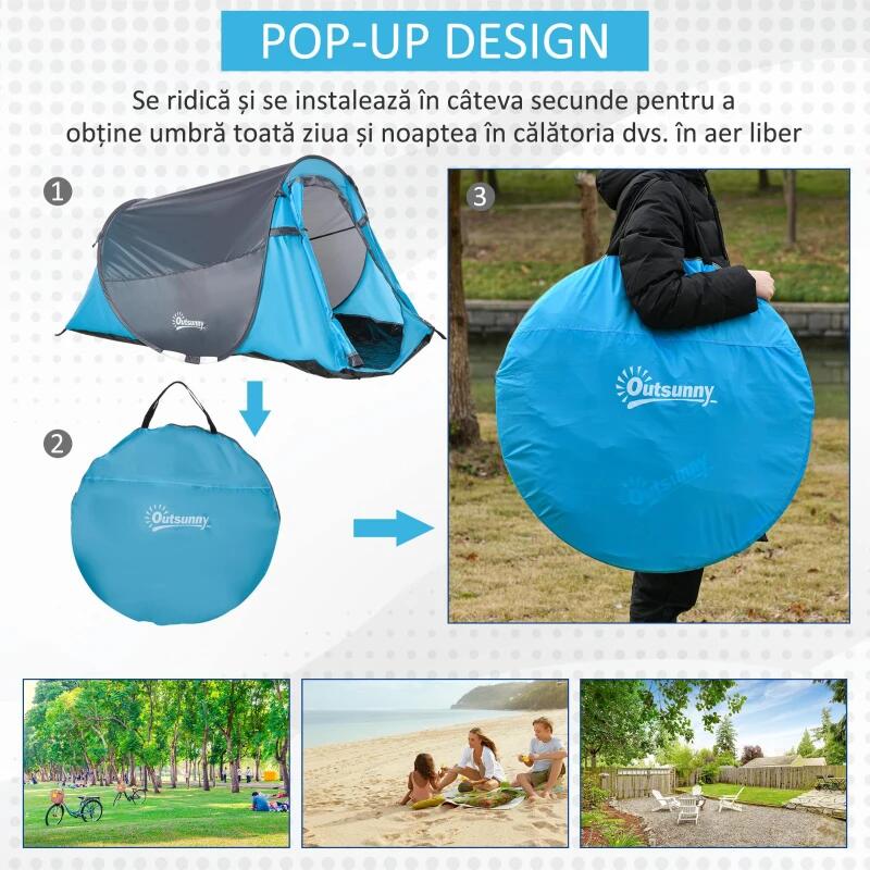 Cort camping, 2 persoane, impermeabil, tip igloo, cu husa, albastru deschis, 286x209x122 cm