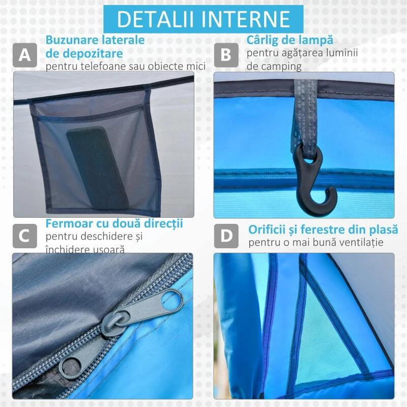 Cort camping, 2 persoane, impermeabil, tip igloo, cu husa, albastru deschis, 286x209x122 cm