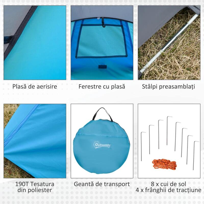 Cort camping, 2 persoane, impermeabil, tip igloo, cu husa, albastru deschis, 286x209x122 cm