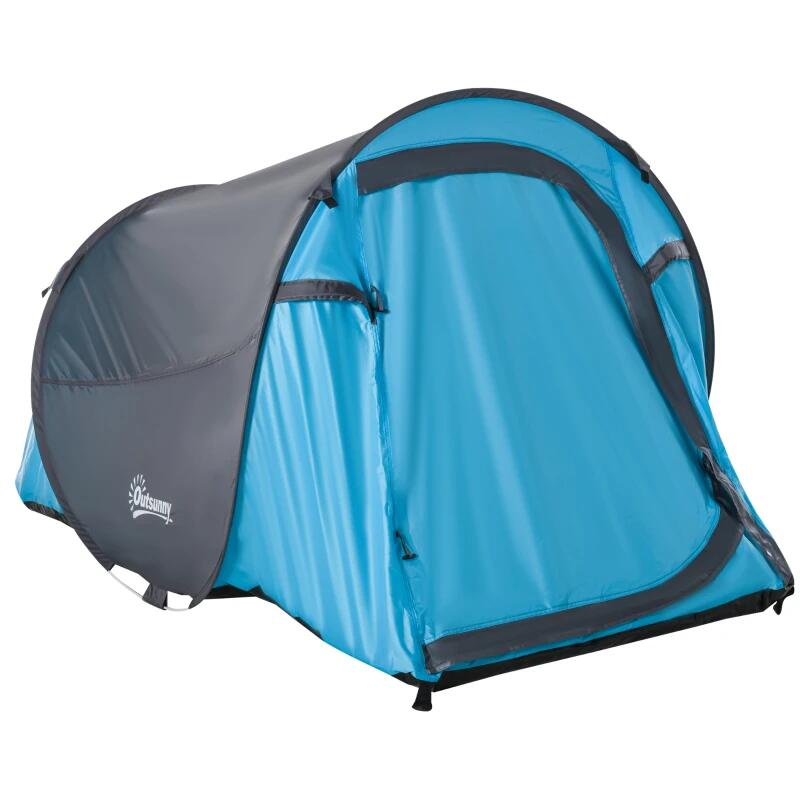 Cort camping, 2 persoane, impermeabil, tip igloo, cu husa, albastru deschis, 286x209x122 cm