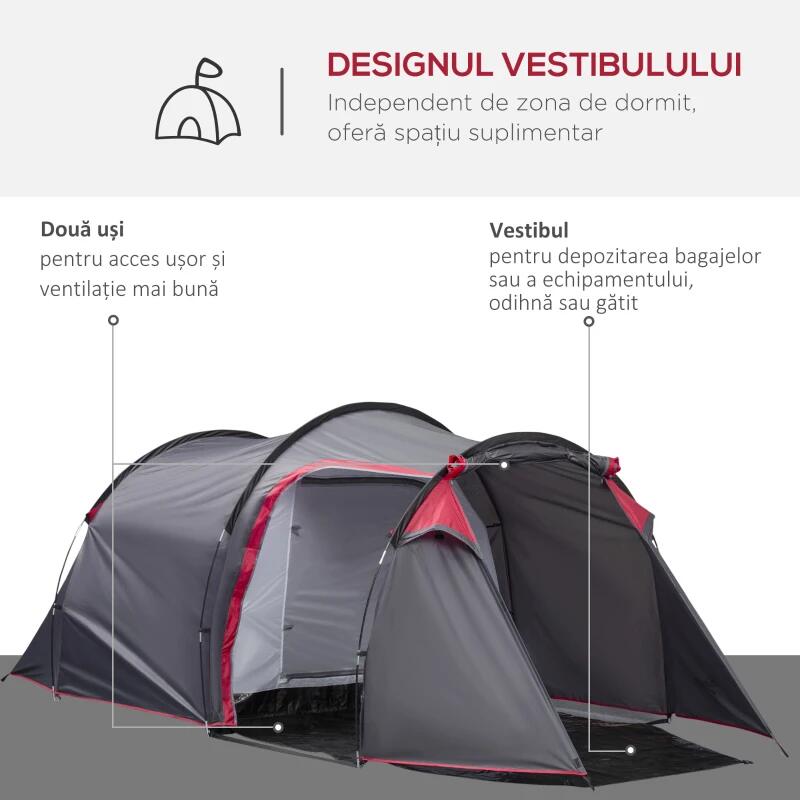 Cort camping, 2 persoane, impermeabil, tip tunel, cu vestibul, geanta, verde si alb, 460x260x190 cm