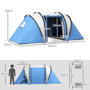 Cort camping, 4-5 persoane, impermeabil, cu 2 camere si vestibul, geanta, albastru, 450x220x180 cm