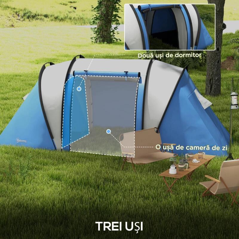 Cort camping, 4-5 persoane, impermeabil, cu 2 camere si vestibul, geanta, albastru, 450x220x180 cm