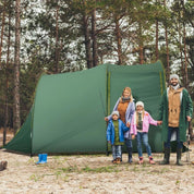 Cort camping, 4-6 persoane, impermeabil, material Oxford, cu vestibul, husa, verde, 410x240x195 cm